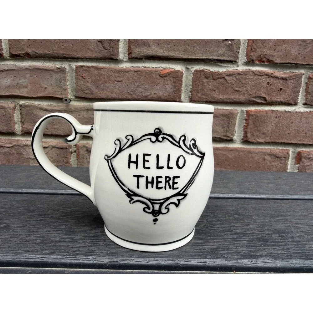 Hello There Coffee Mug Molly Hatch Art Anthropologie Cup White Black Blue Swirl